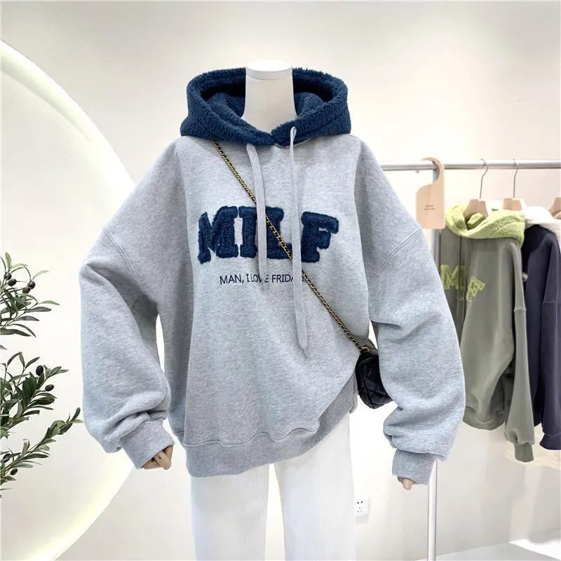 Romildi Hoodies Women's Sweatshirts Letter Print Lamb Wool Pullovers Loose Korean Style Jacket Full Sleeve Casual Tops
