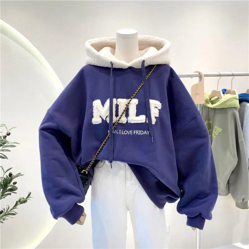 Romildi Hoodies Women's Sweatshirts Letter Print Lamb Wool Pullovers Loose Korean Style Jacket Full Sleeve Casual Tops