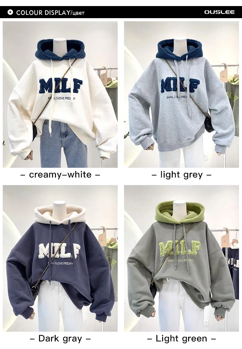 Romildi Hoodies Women's Sweatshirts Letter Print Lamb Wool Pullovers Loose Korean Style Jacket Full Sleeve Casual Tops