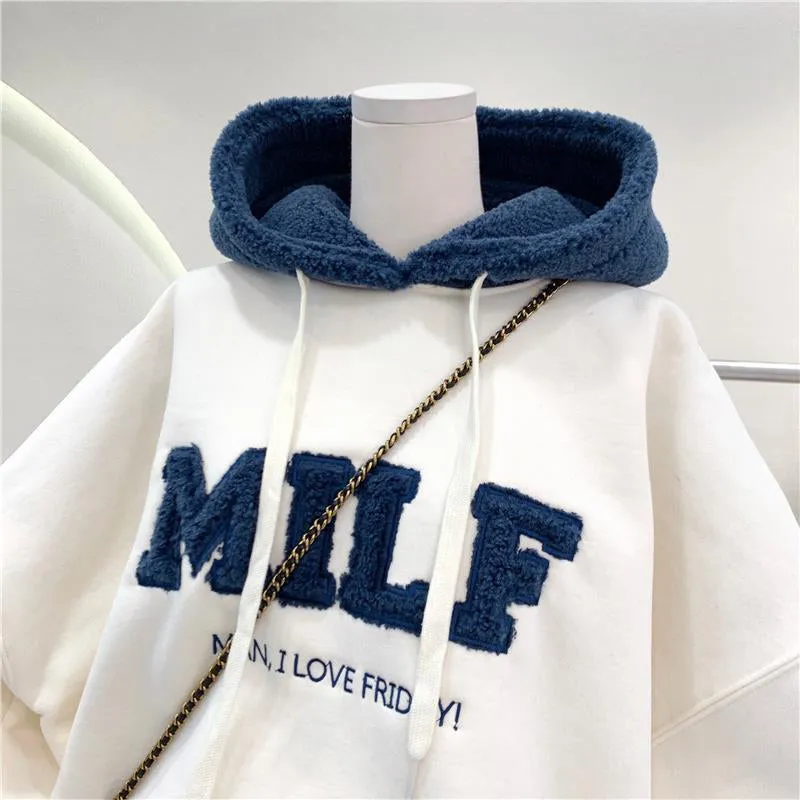 Romildi Hoodies Women's Sweatshirts Letter Print Lamb Wool Pullovers Loose Korean Style Jacket Full Sleeve Casual Tops