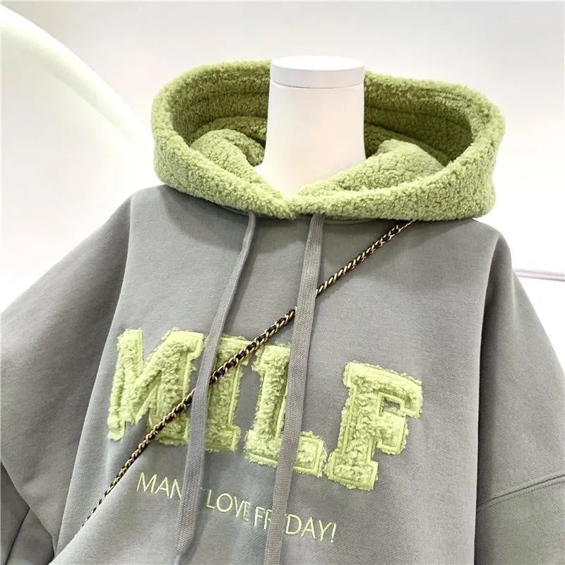 Romildi Hoodies Women's Sweatshirts Letter Print Lamb Wool Pullovers Loose Korean Style Jacket Full Sleeve Casual Tops