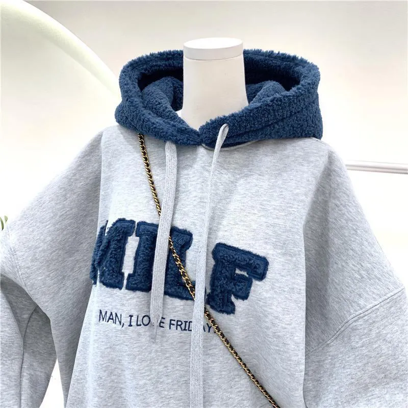 Romildi Hoodies Women's Sweatshirts Letter Print Lamb Wool Pullovers Loose Korean Style Jacket Full Sleeve Casual Tops