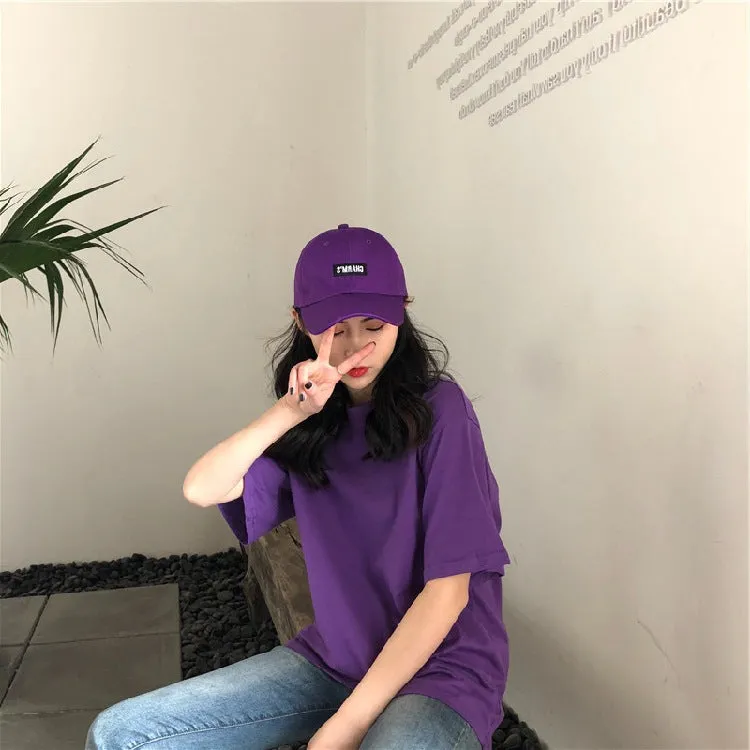 Summer Women Korean Loose Feminine Short Sleeve Purple T-Shirt Sexy Bare Back Mid-Length Tops T-Shirt