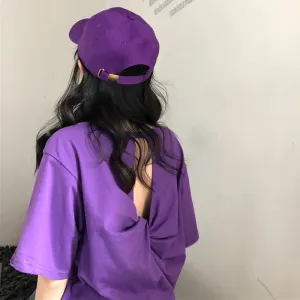 Summer Women Korean Loose Feminine Short Sleeve Purple T-Shirt Sexy Bare Back Mid-Length Tops T-Shirt