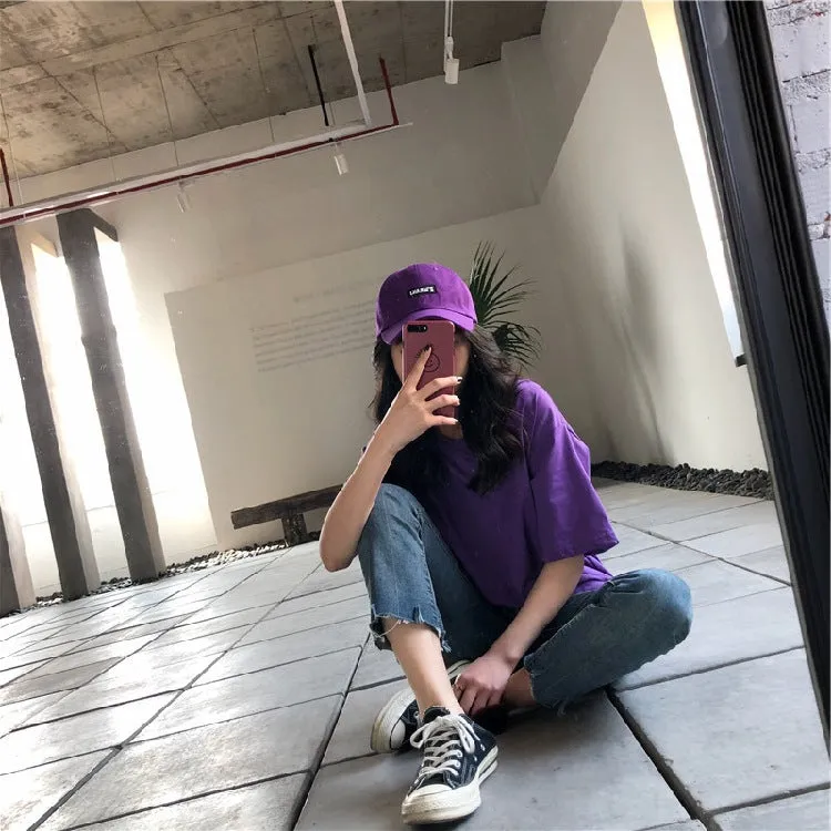 Summer Women Korean Loose Feminine Short Sleeve Purple T-Shirt Sexy Bare Back Mid-Length Tops T-Shirt