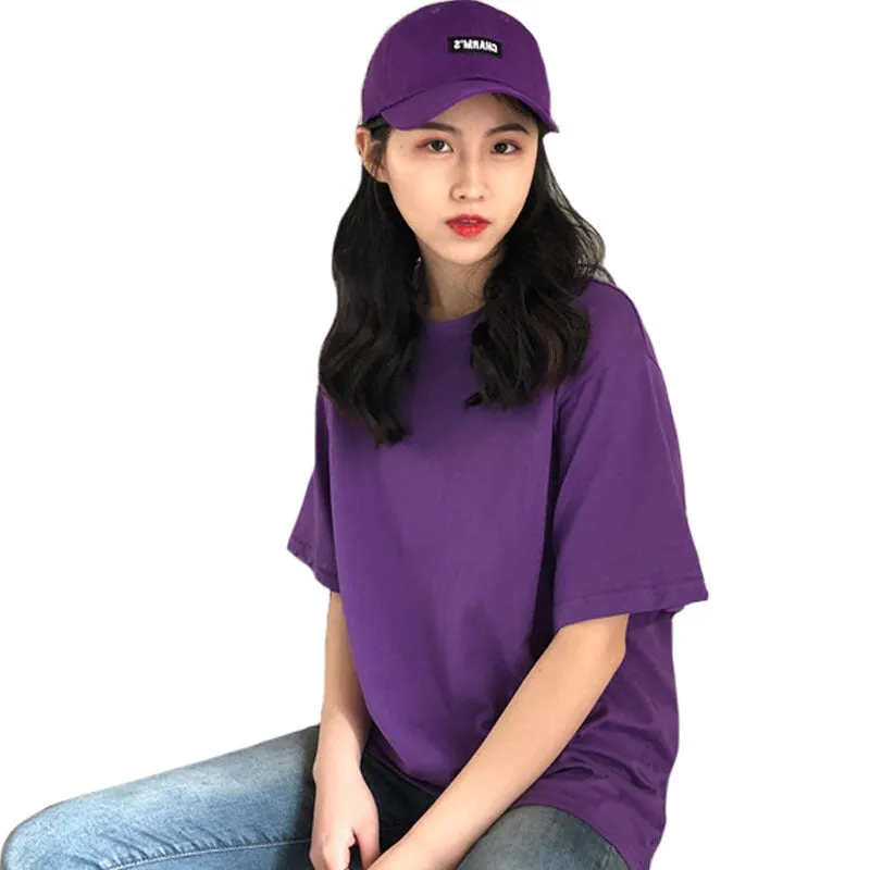 Summer Women Korean Loose Feminine Short Sleeve Purple T-Shirt Sexy Bare Back Mid-Length Tops T-Shirt
