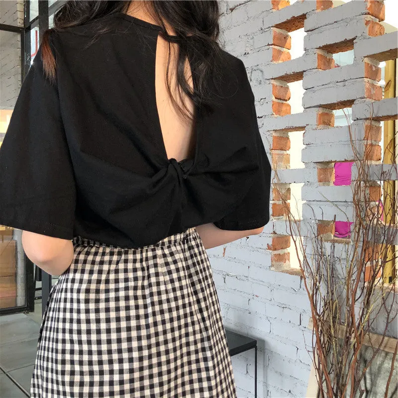 Summer Women Korean Loose Feminine Short Sleeve Purple T-Shirt Sexy Bare Back Mid-Length Tops T-Shirt