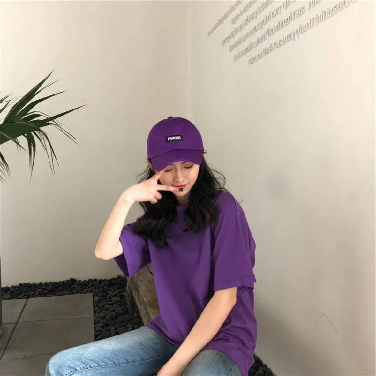 Summer Women Korean Loose Feminine Short Sleeve Purple T-Shirt Sexy Bare Back Mid-Length Tops T-Shirt