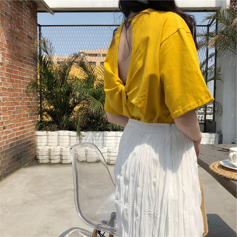 Summer Women Korean Loose Feminine Short Sleeve Purple T-Shirt Sexy Bare Back Mid-Length Tops T-Shirt