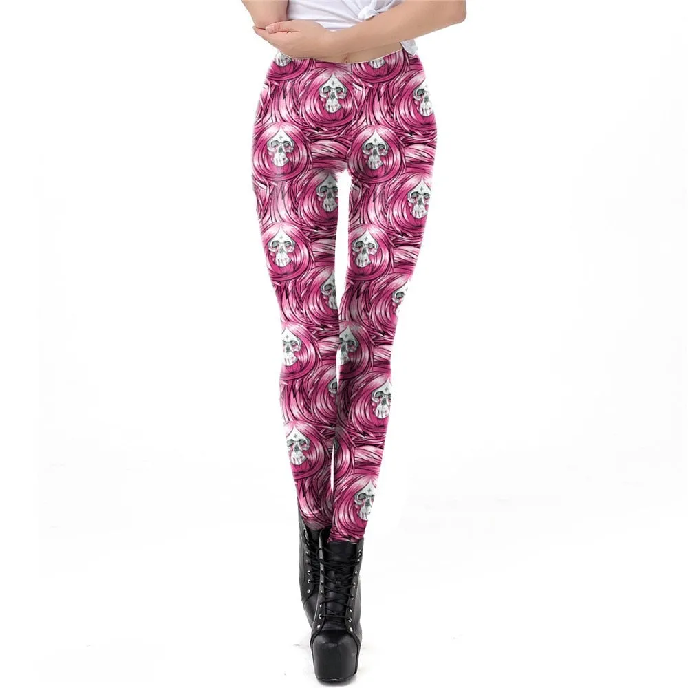 [You&#39;re My Secret] Brand Hot Sale Leggings Gothic Skull Punk Women Legging Retro Mid Waist PUSH UP Leggins Workout Ankle Pants