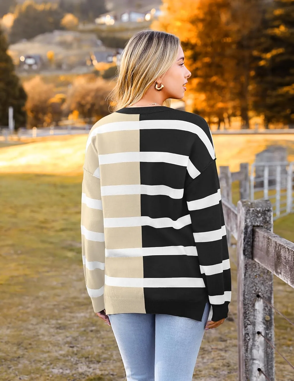 Zeagoo Striped Oversized Sweater Color Block Loose Pullover Top