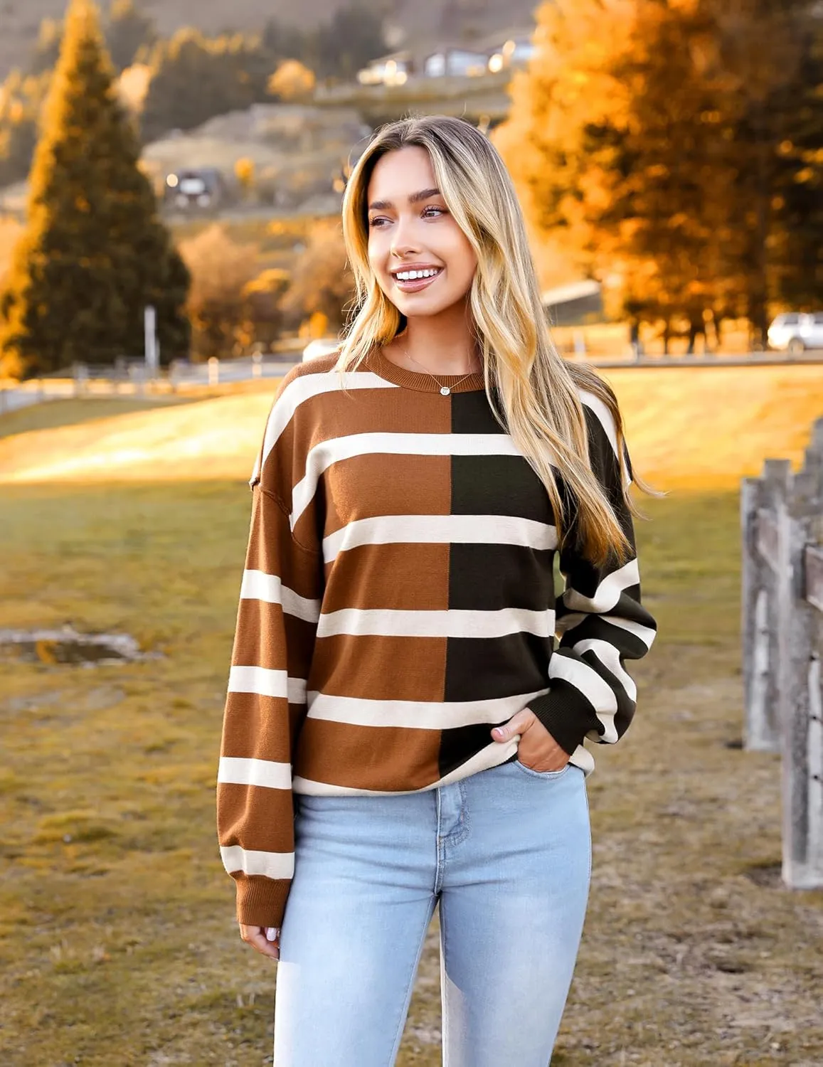 Zeagoo Striped Oversized Sweater Color Block Loose Pullover Top