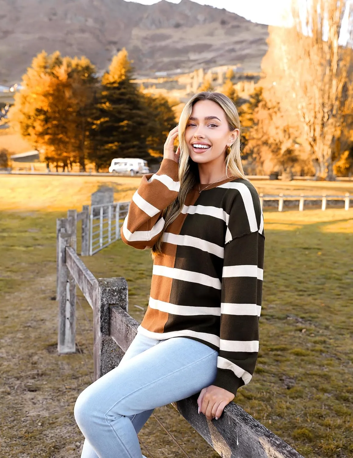 Zeagoo Striped Oversized Sweater Color Block Loose Pullover Top