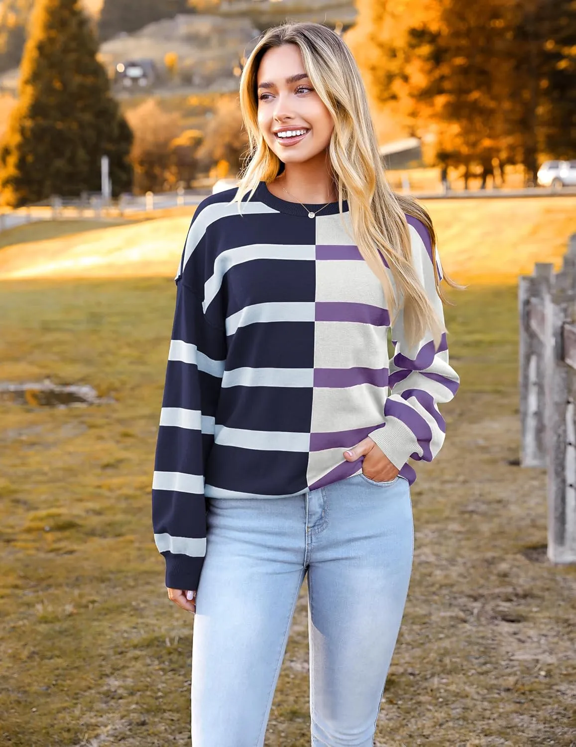 Zeagoo Striped Oversized Sweater Color Block Loose Pullover Top