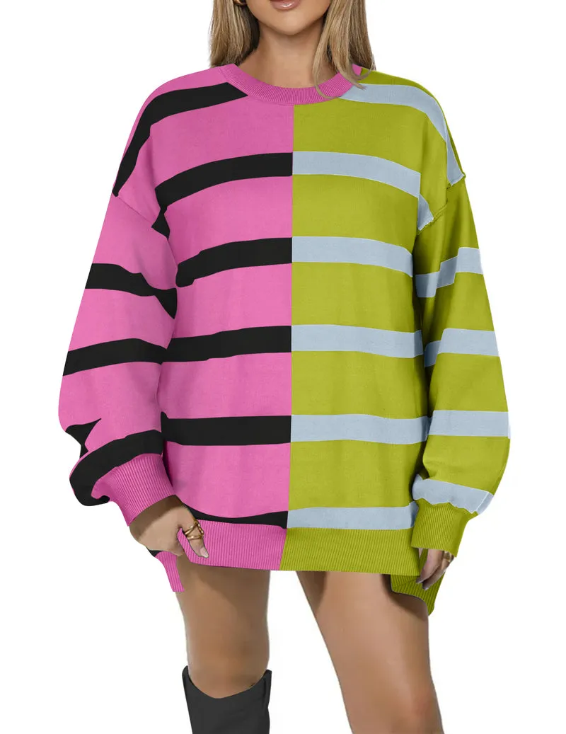 Zeagoo Striped Oversized Sweater Color Block Loose Pullover Top