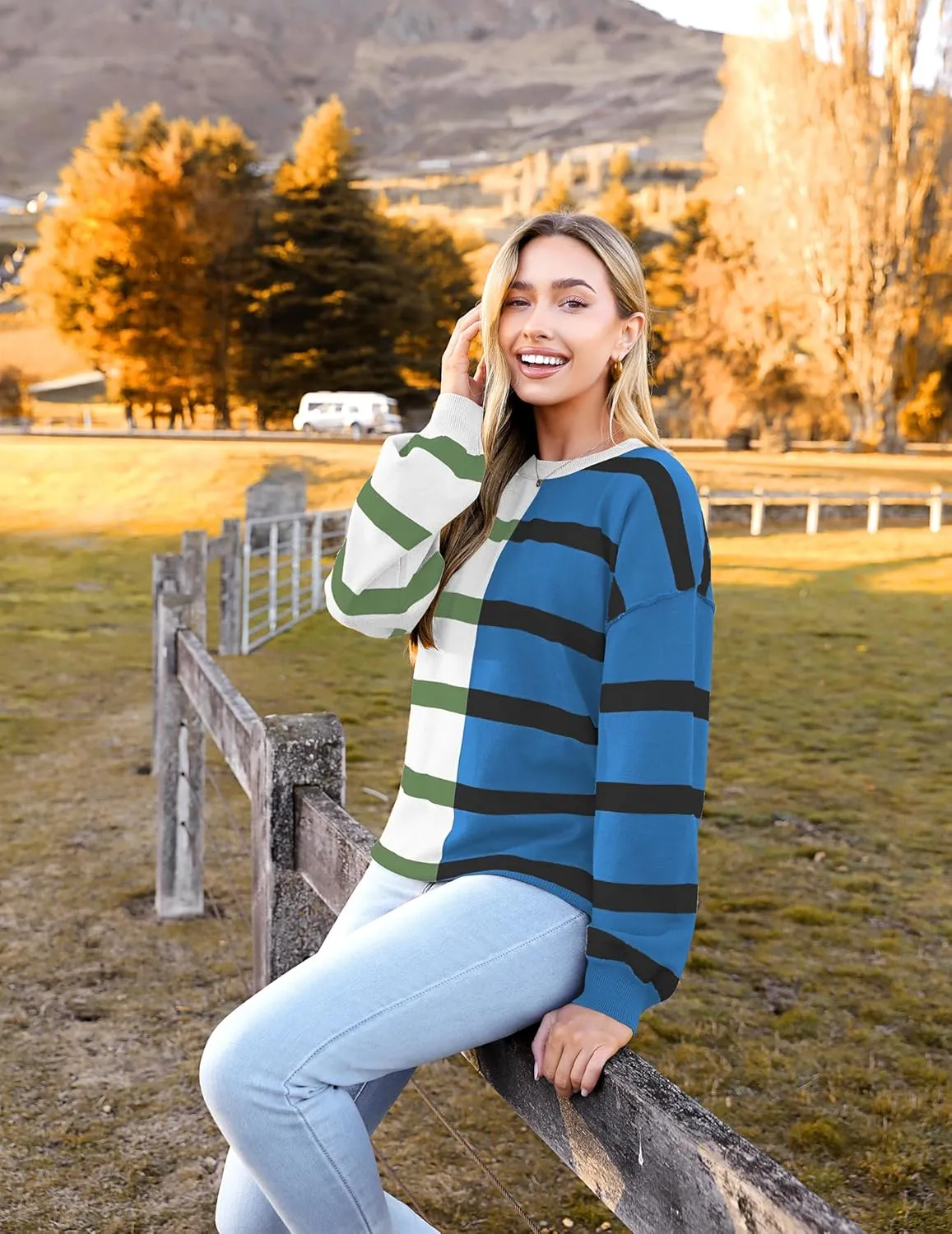 Zeagoo Striped Oversized Sweater Color Block Loose Pullover Top