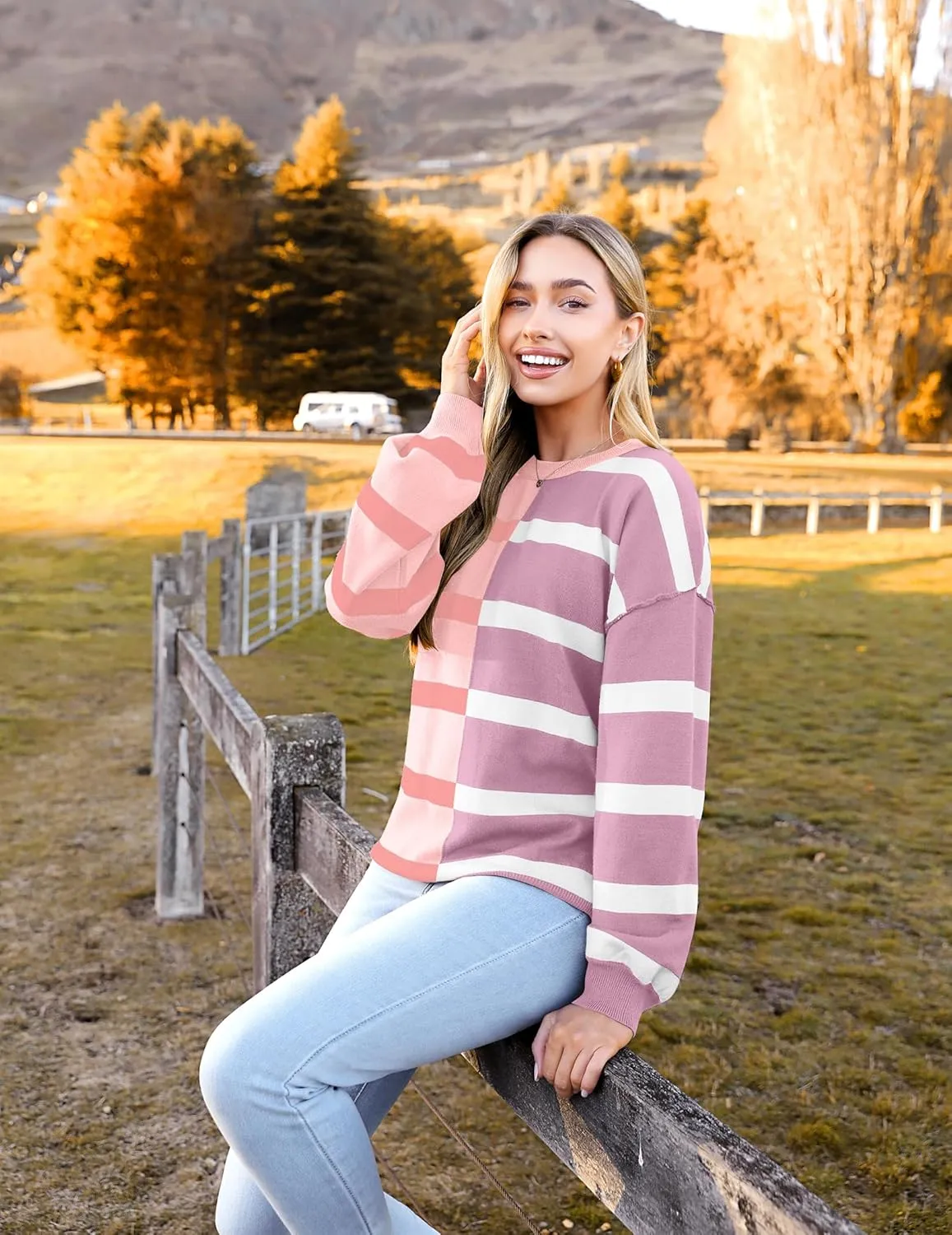 Zeagoo Striped Oversized Sweater Color Block Loose Pullover Top