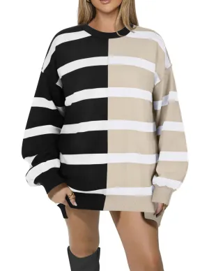 Zeagoo Striped Oversized Sweater Color Block Loose Pullover Top