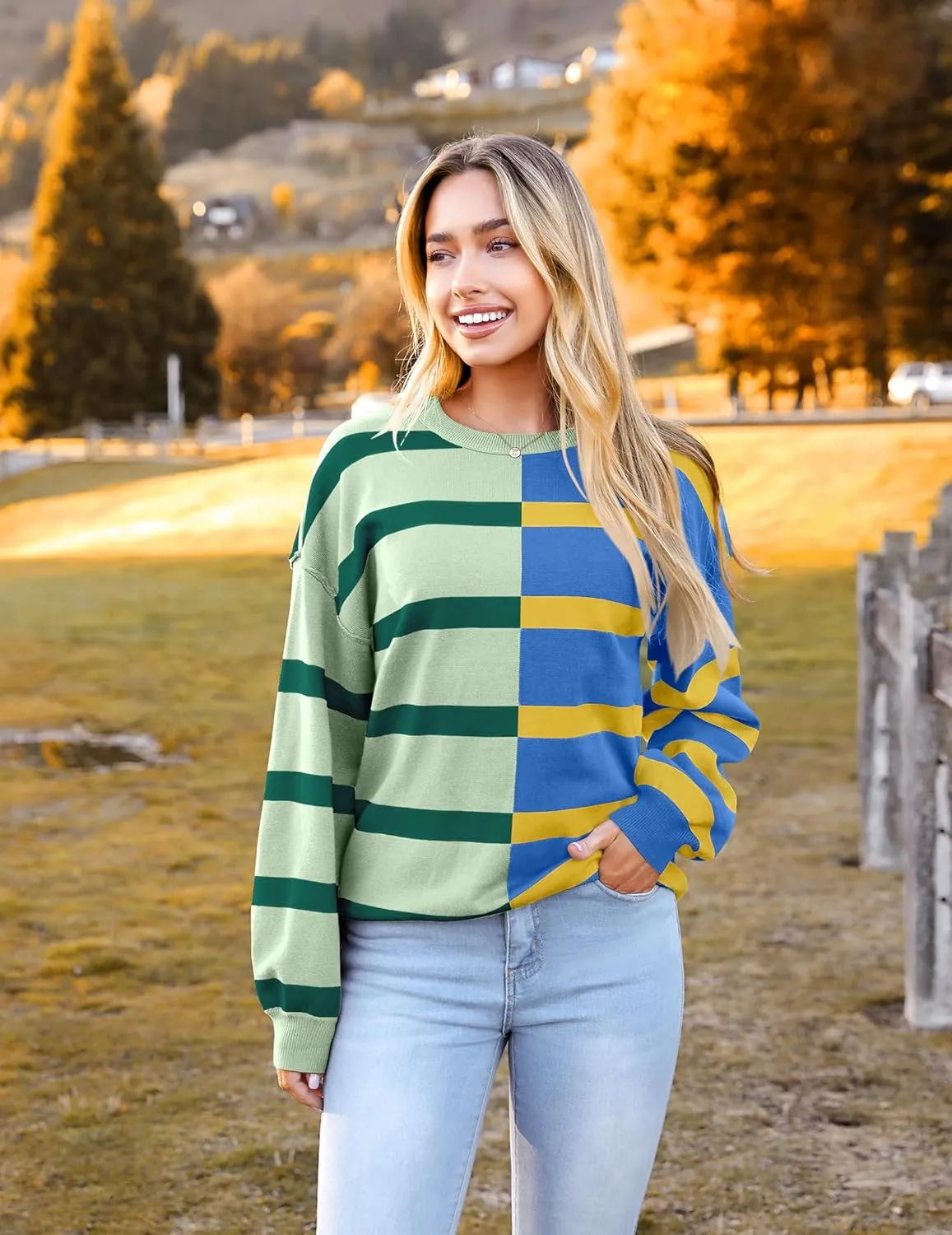 Zeagoo Striped Oversized Sweater Color Block Loose Pullover Top