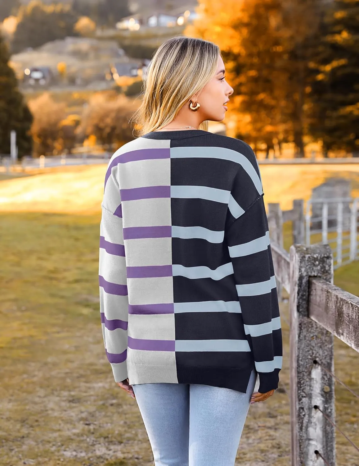 Zeagoo Striped Oversized Sweater Color Block Loose Pullover Top