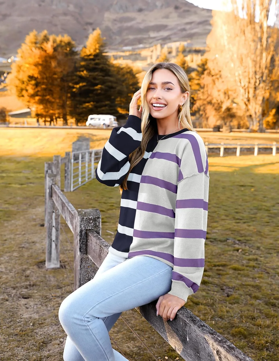 Zeagoo Striped Oversized Sweater Color Block Loose Pullover Top