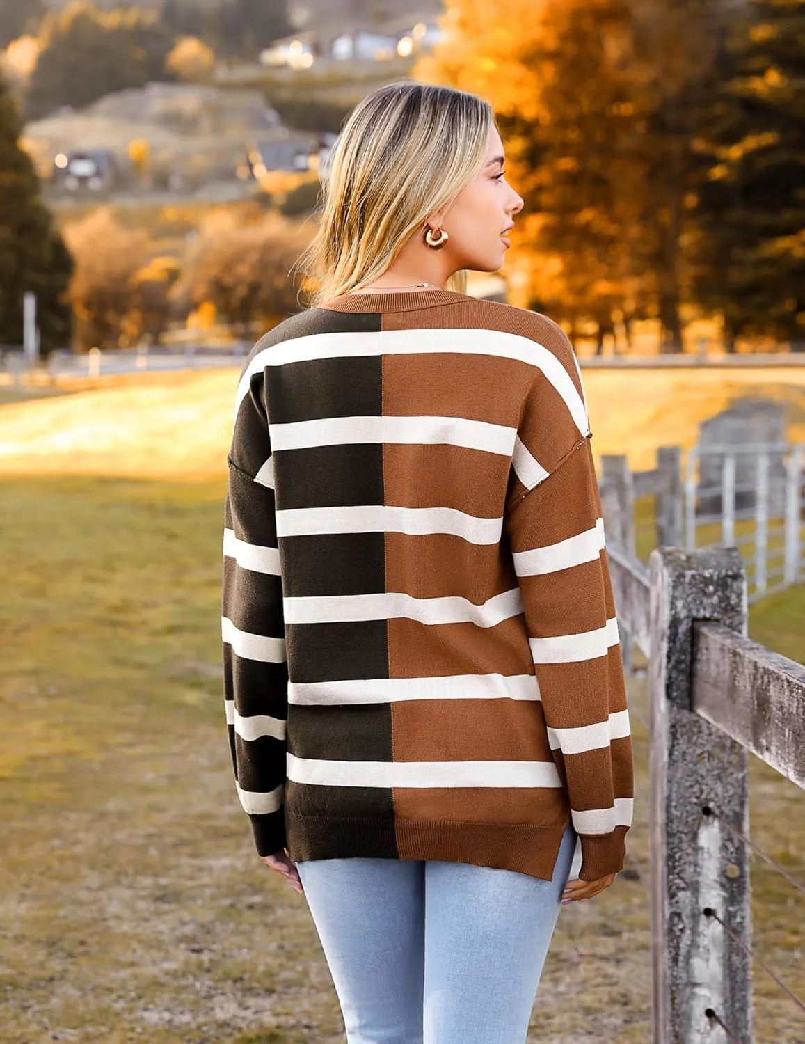 Zeagoo Striped Oversized Sweater Color Block Loose Pullover Top