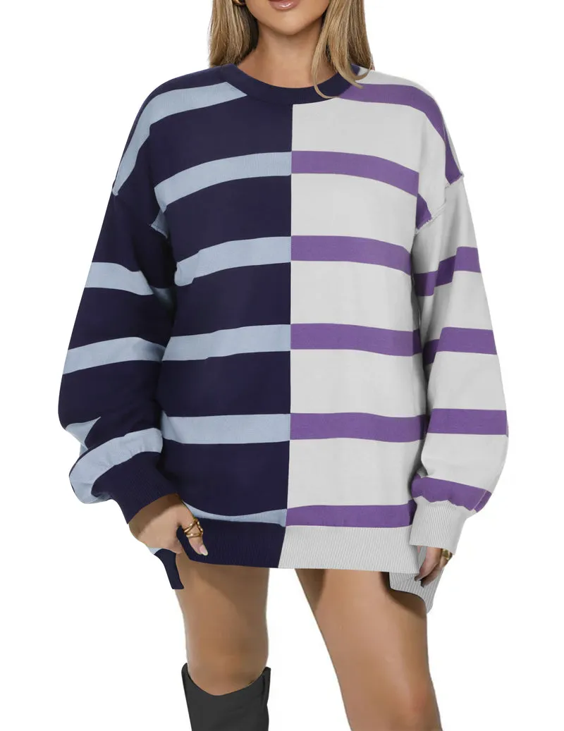 Zeagoo Striped Oversized Sweater Color Block Loose Pullover Top