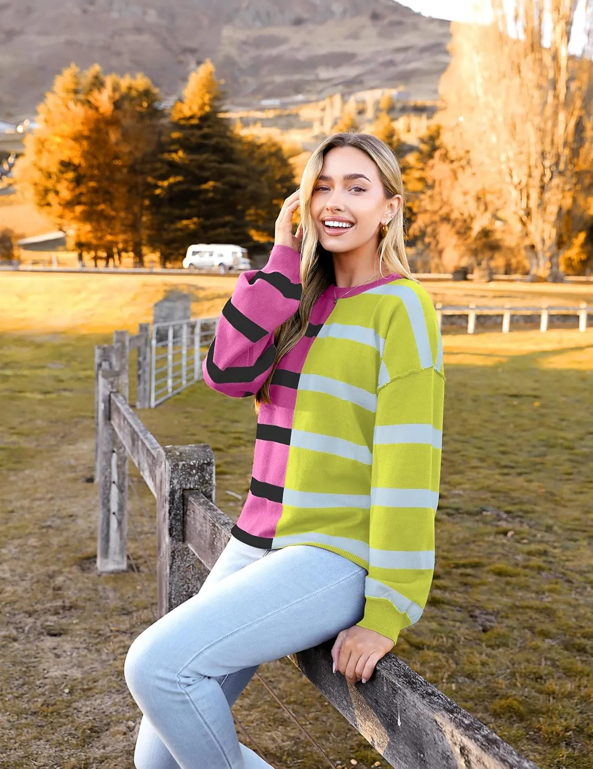 Zeagoo Striped Oversized Sweater Color Block Loose Pullover Top