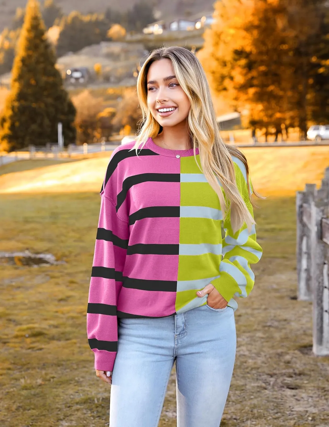 Zeagoo Striped Oversized Sweater Color Block Loose Pullover Top