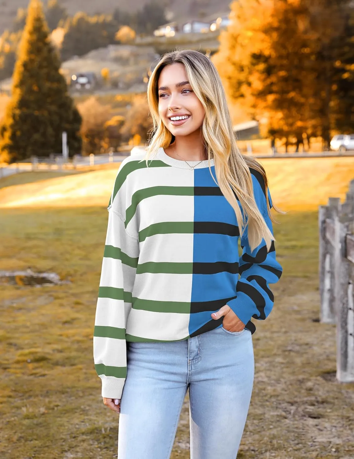 Zeagoo Striped Oversized Sweater Color Block Loose Pullover Top
