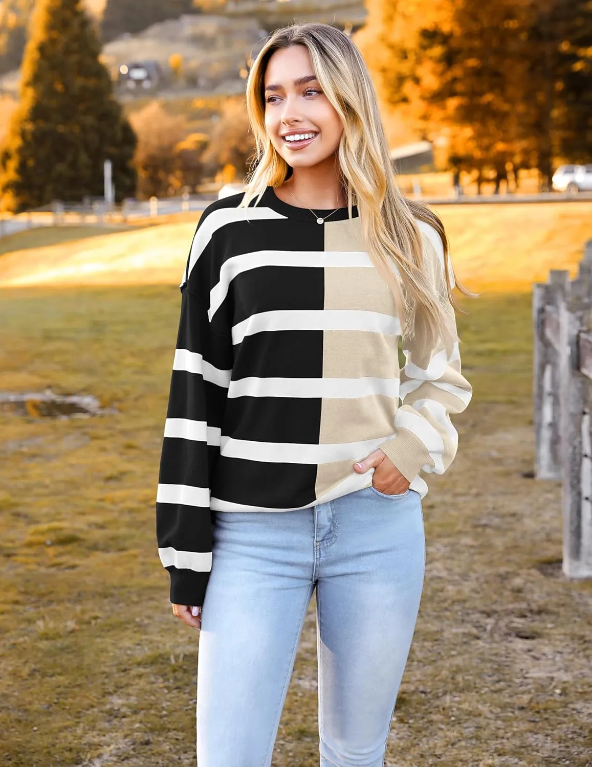 Zeagoo Striped Oversized Sweater Color Block Loose Pullover Top