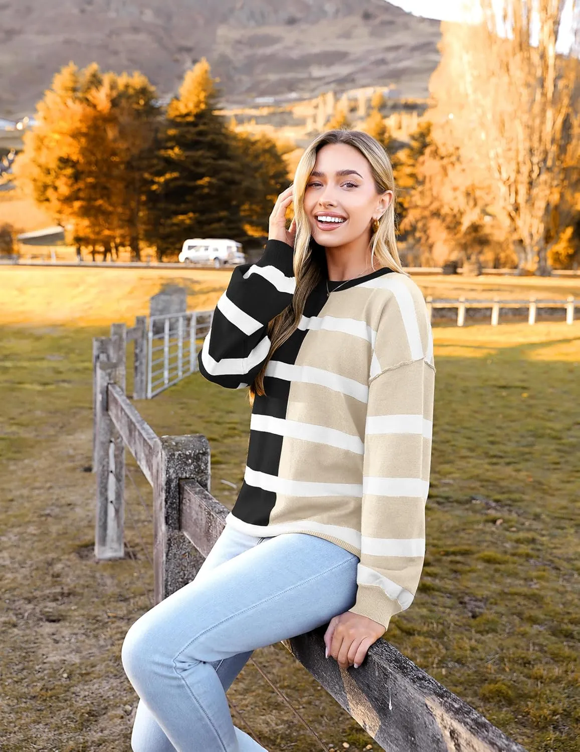 Zeagoo Striped Oversized Sweater Color Block Loose Pullover Top