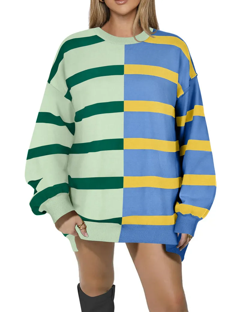 Zeagoo Striped Oversized Sweater Color Block Loose Pullover Top