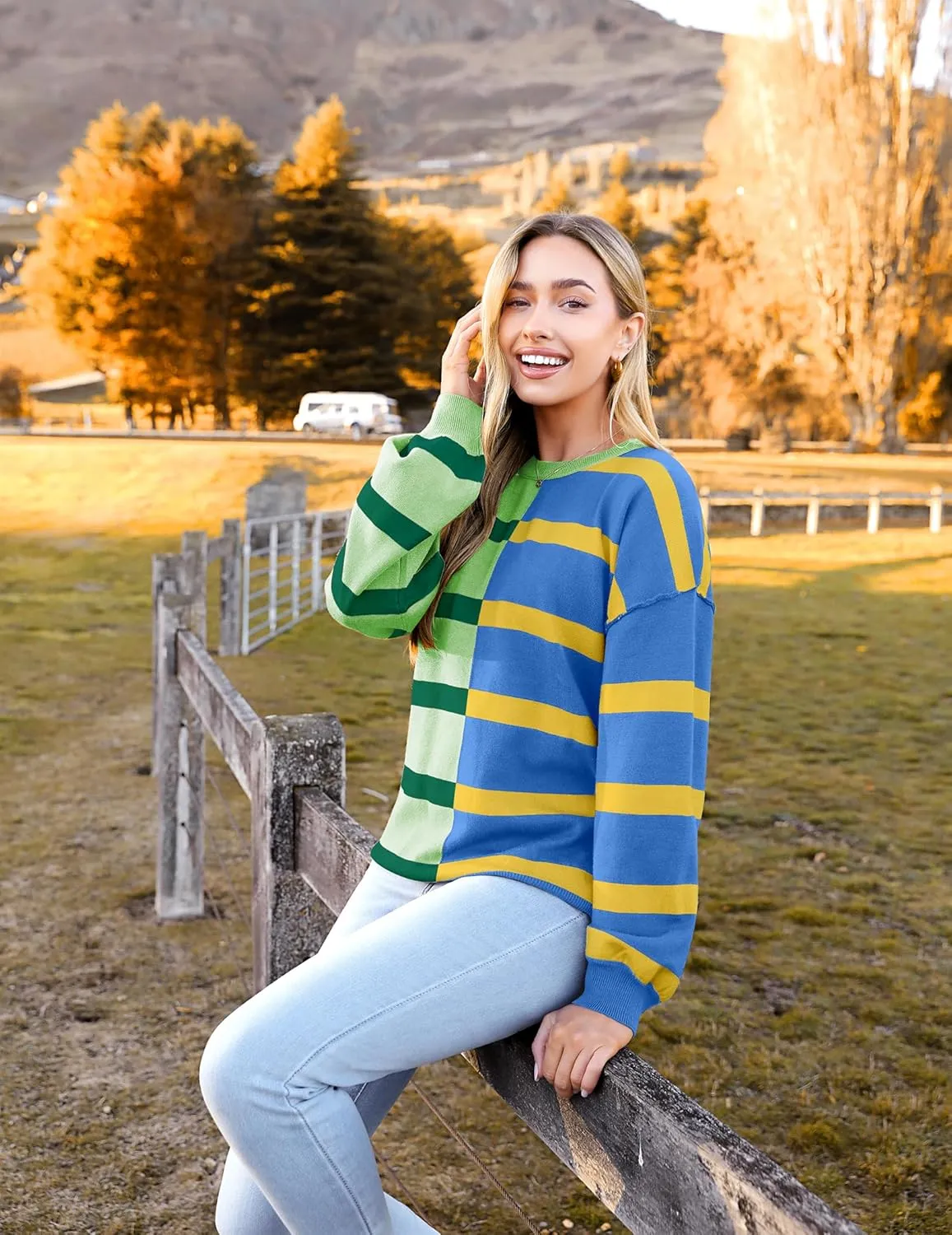 Zeagoo Striped Oversized Sweater Color Block Loose Pullover Top