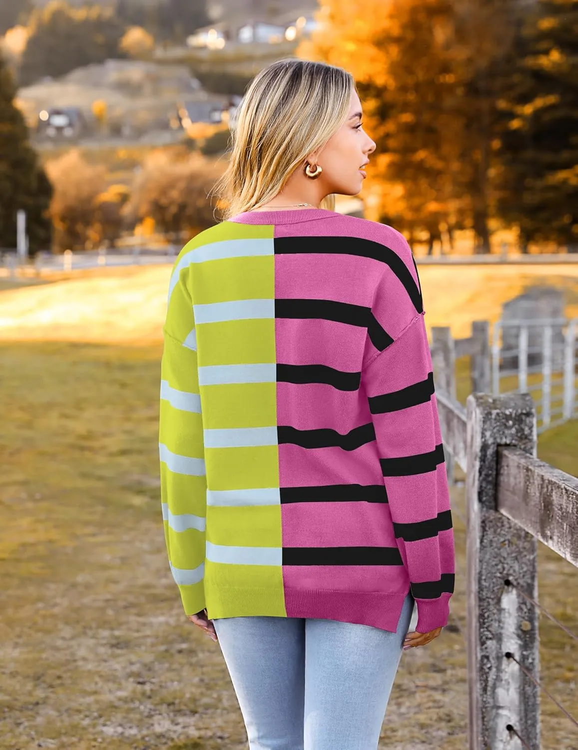 Zeagoo Striped Oversized Sweater Color Block Loose Pullover Top