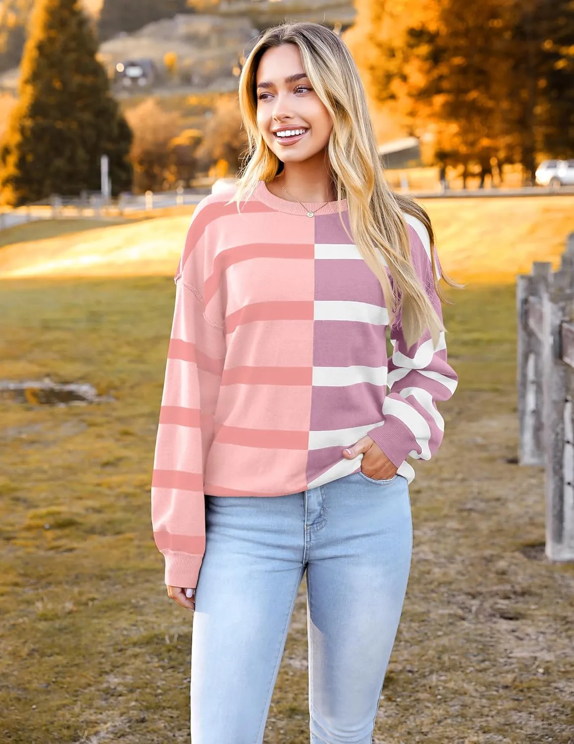 Zeagoo Striped Oversized Sweater Color Block Loose Pullover Top